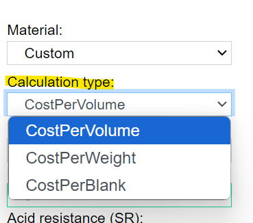 Shows the selector for the three material costs calculation types