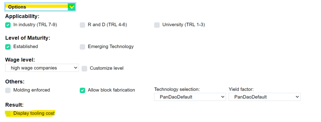 Shows the location of the display tooling cost under options/results