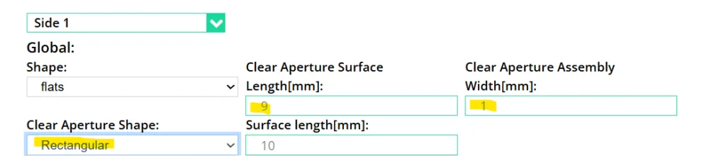 Rectangular clear aperture select and the two fields to enter the values for the clear apertures. 